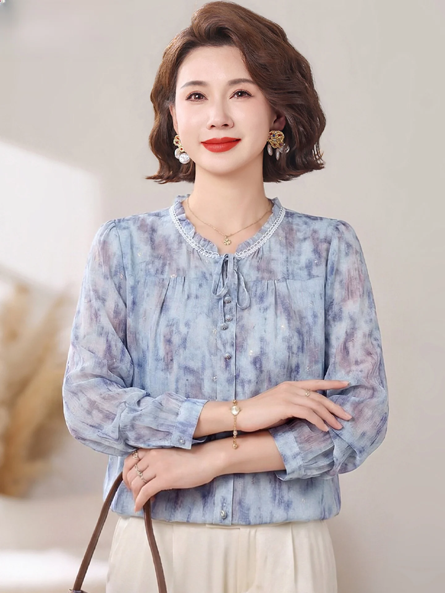 

Spring Fashion Mommy Chiffon Shirt Long Sleeve Transparent Design Elderly Women's Brand Upper Apparel Korean Style Regular Fit
