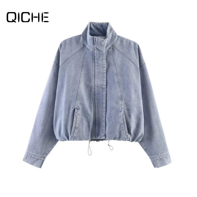 QICHE Women 2026 Balloon Denim Jacket Unique Stand Collar Zip Up Coat European Fashion Casual Outerwear