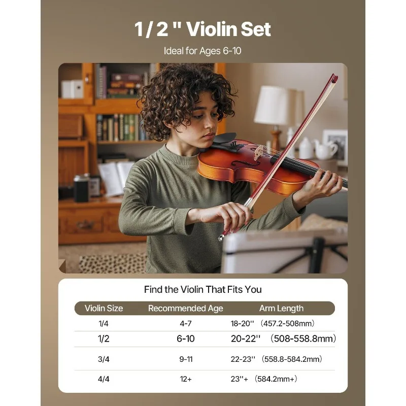 Violin 1/2 Size Fiddle Set Solidwood for Beginners with Case Rosin Brown