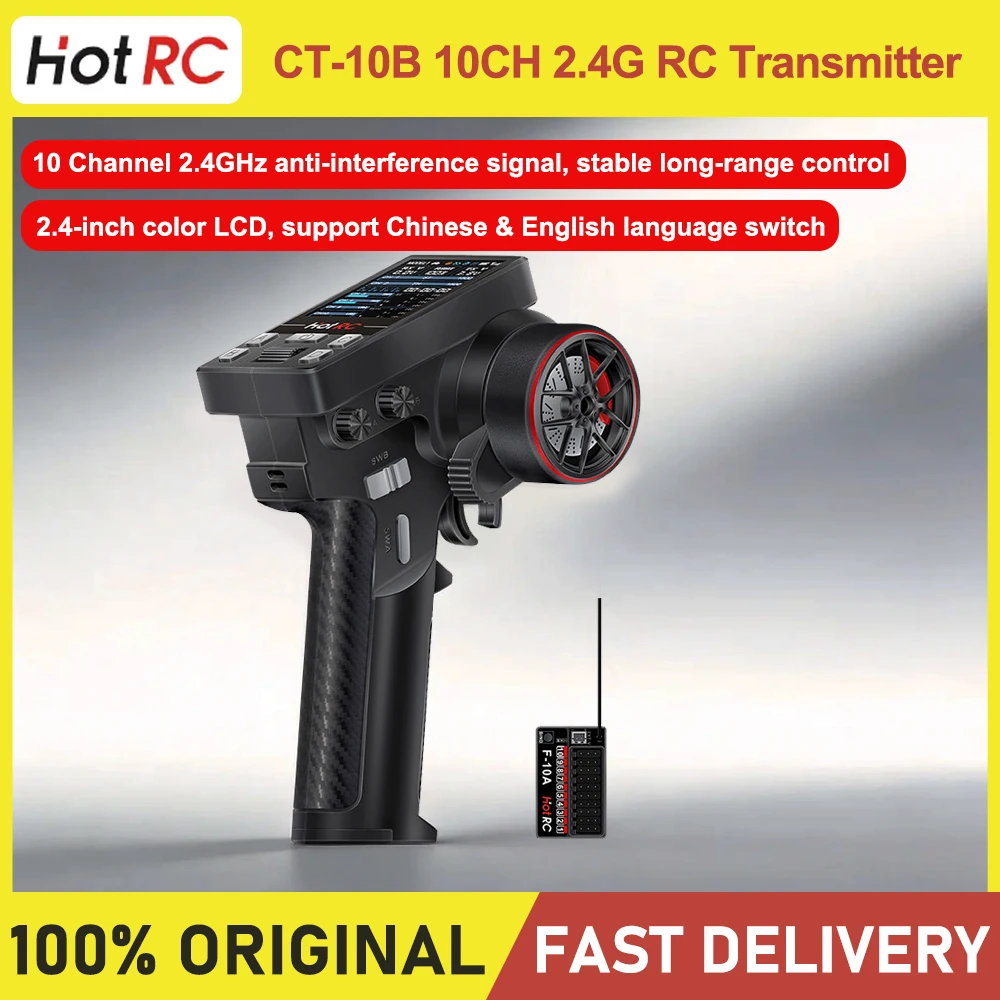 HOTRC CT-10B 10CH 2.4G RC Pistol Transmitter with F-10A Receiver 2.4'' Color Screen Trainer Function for RC Crawler Truck Buggy
