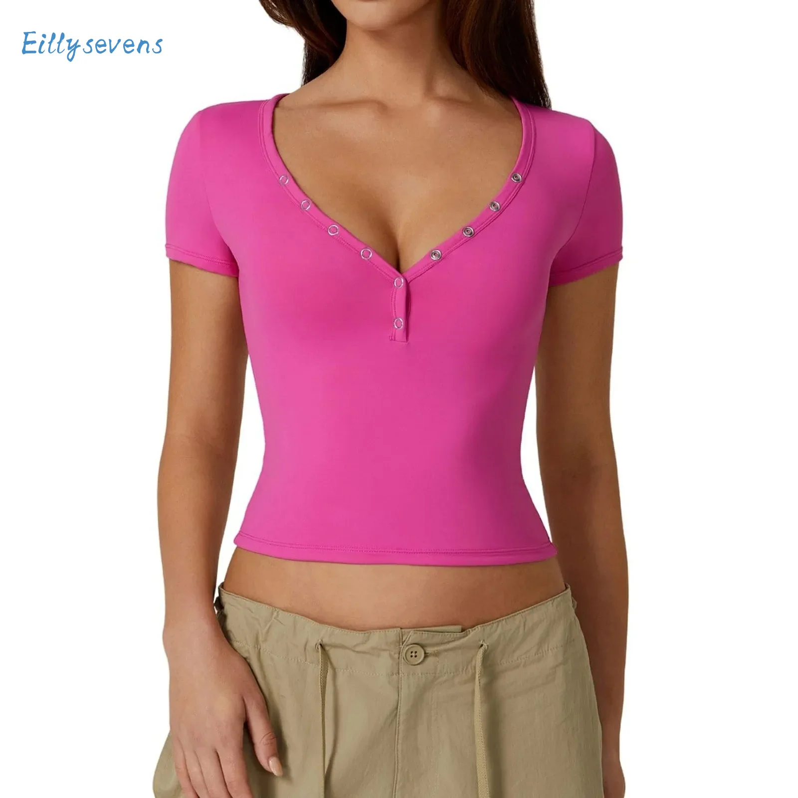 

Women'S Sexy Short Sleeve Tops V Neck Double Lined Button Up Slim Fit Crop Tops Daily Causal Fitness Dance Yoga Comfy Tops