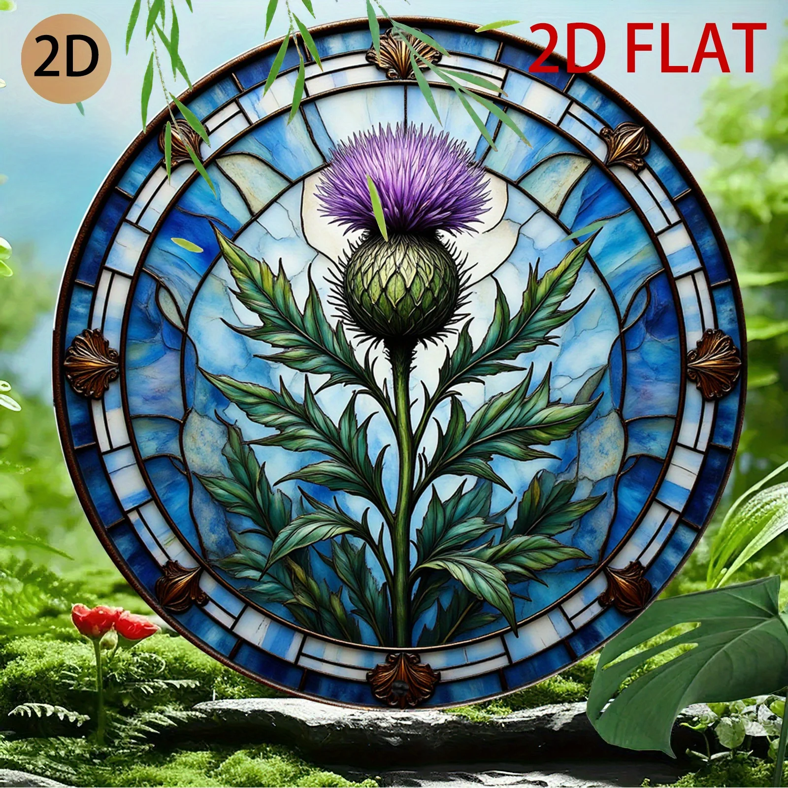 Metal Circular Stained Glass Wall Art with Thistle Flower Motif -Frameless Hook-Mounted Scottish Decor for, Rustic Style Hanging