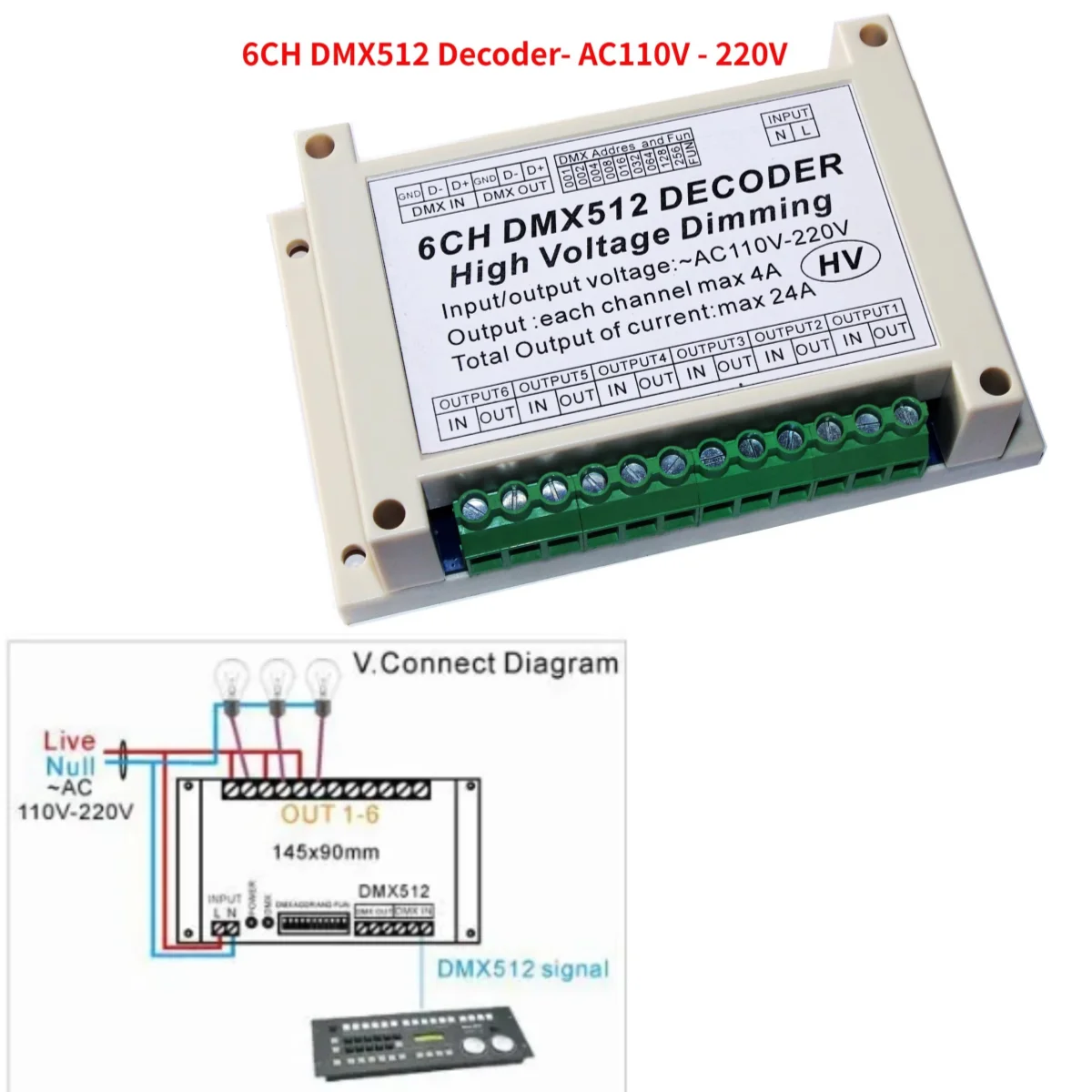 

6CH DMX512 Decoder 6 Channels DMX 4A/CH HV Decoder Dimmer Board AC110V - 220V High Voltage Dimming For Incandescent Lights Bulb