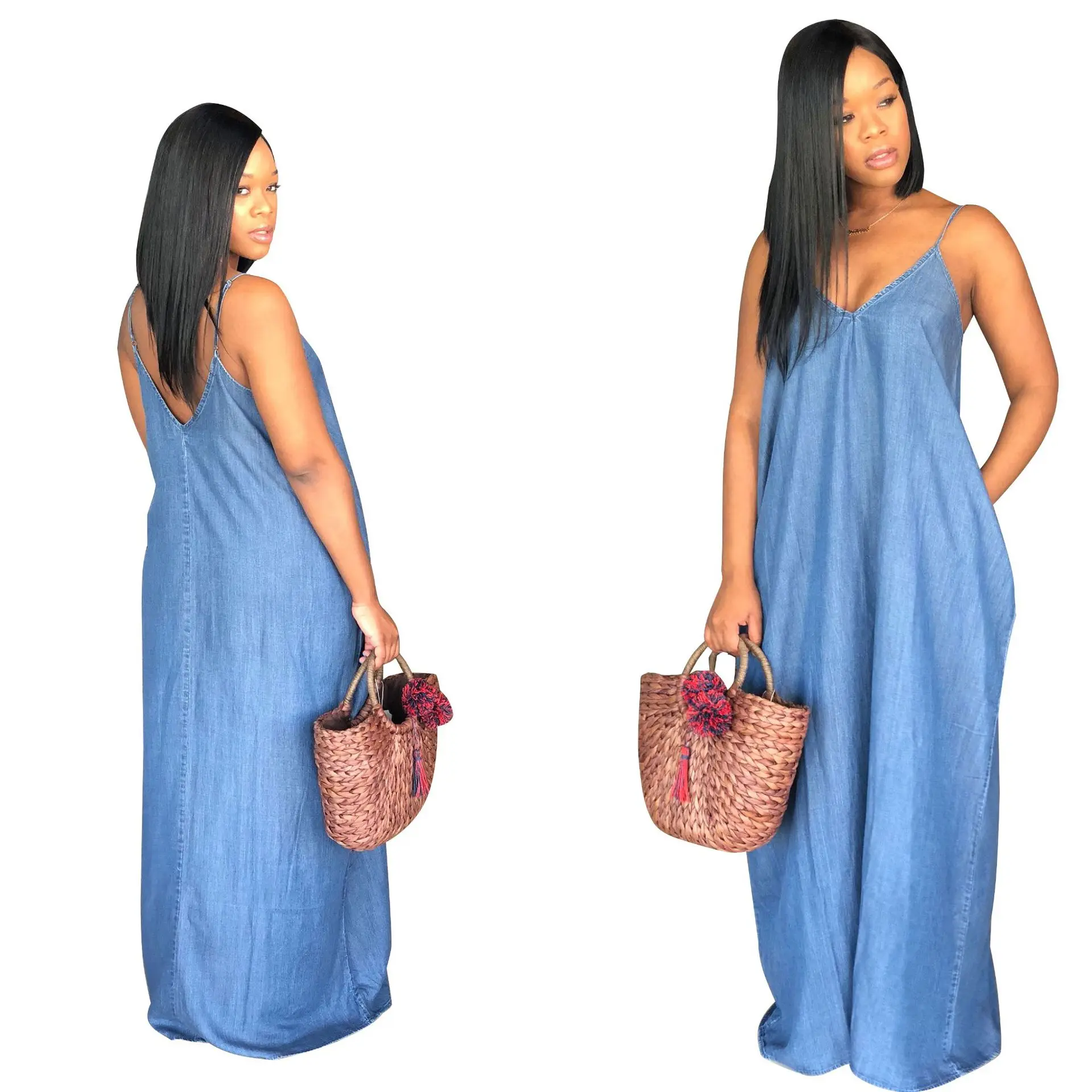 VOLALO 2024 Women Lady Boho Backless Women Ladies Baggy Denim Jeans Maxi Dress Women Dresses Loose Strapless Vestidos S-XXXL