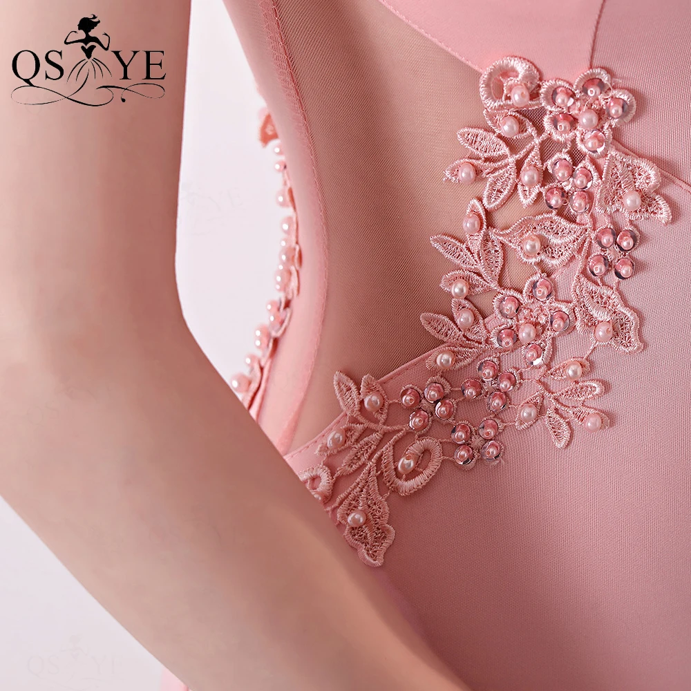 QSYYE Roze Bruidsmeisjekleding Illusie Taille Kralen Applique Kant Avondjurk Mouwloze Fit Stretchy Satijn Formele Galajurk