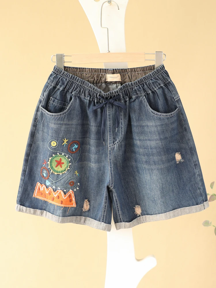 

Summer Vintage Ethnic Embroidered Loose Wide Leg Jeans orts Women's plus Size Cuffed Hole Heat Pants High Waist T...