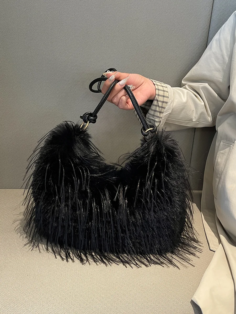 

Сумка-тоут Y2K из искусственного меха для женщин, пушистая плюшевая сумка, милая маленькая сумка через плечо, модная повседневная сумка с милым животным принтом