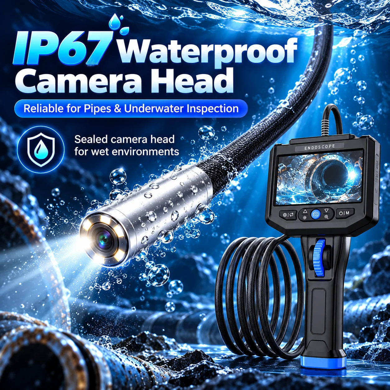 5 Inch Screen Steerable Industrial Endoscope 6.2mm 1080P 360° Rotating Lens IP67 Waterproof 6LED Borescope for Automotive Pipe