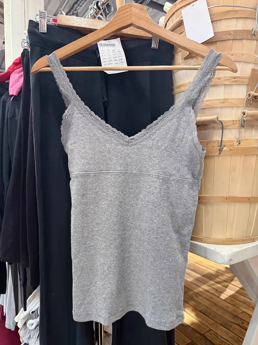 Gray Lace Trim Slim Tank Top W - Cami Top Lace recension och pris