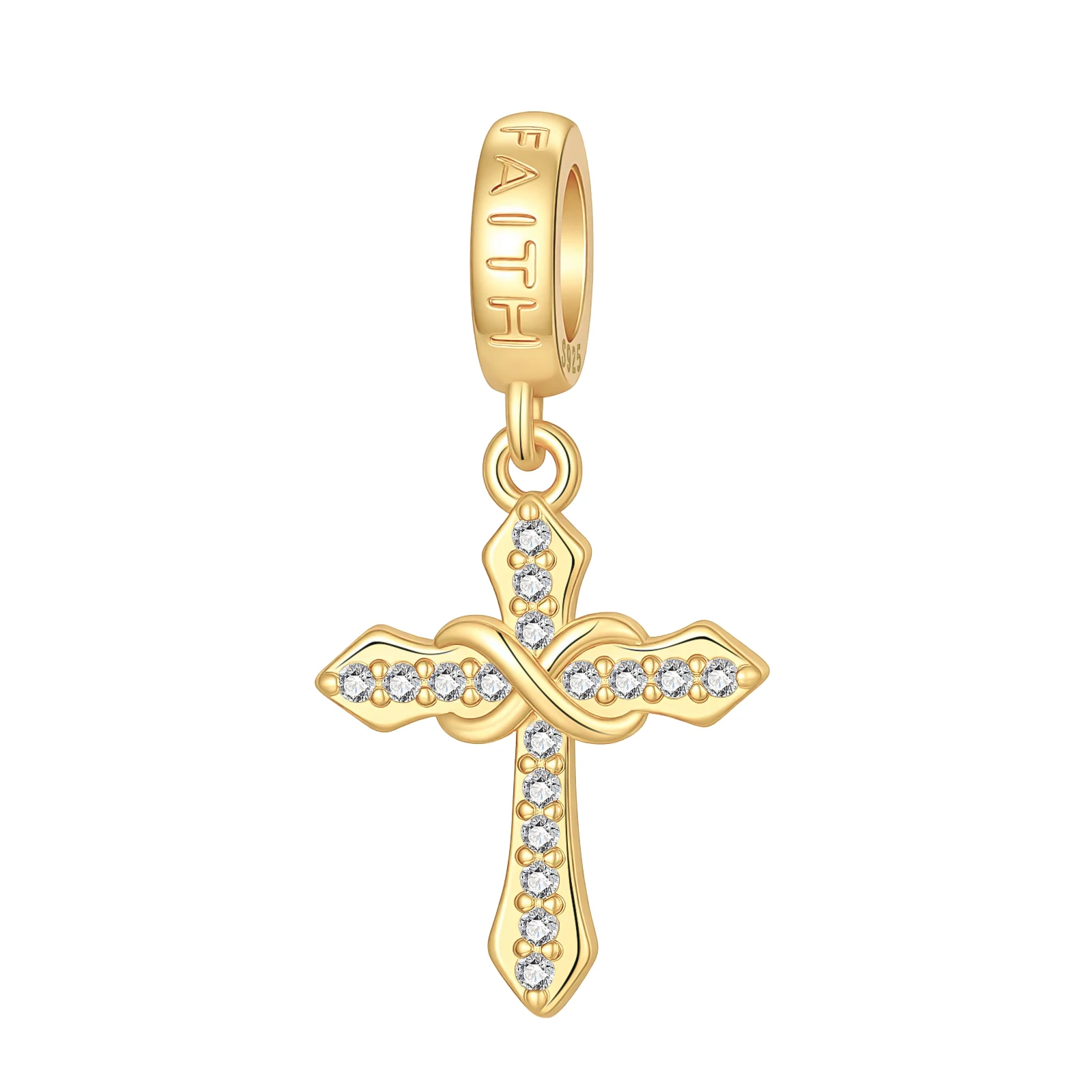 925 Sterling Silver Infinity Cross Dangle Charm Bead Clear CZ Paved Faith Cross Pendant Fit Charm Bracelet Necklace Jewelry Gift