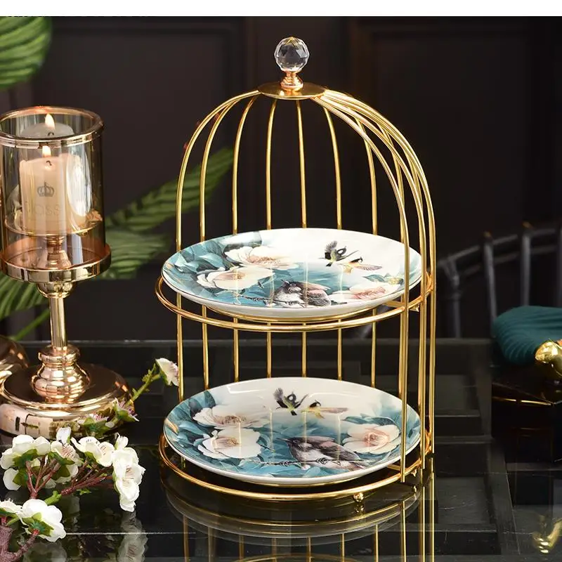 Double-layer Fruit Plate Nordic Exquisite Bird Cage Cake Stand Household Tableware Dessert Snack Dish Ceramic Tray