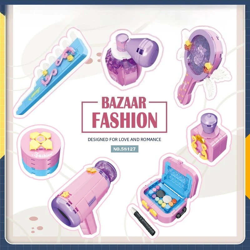 

Girls play house, do makeup and dress up, blow the wind, children assemble building blocks, toys, models and gifts