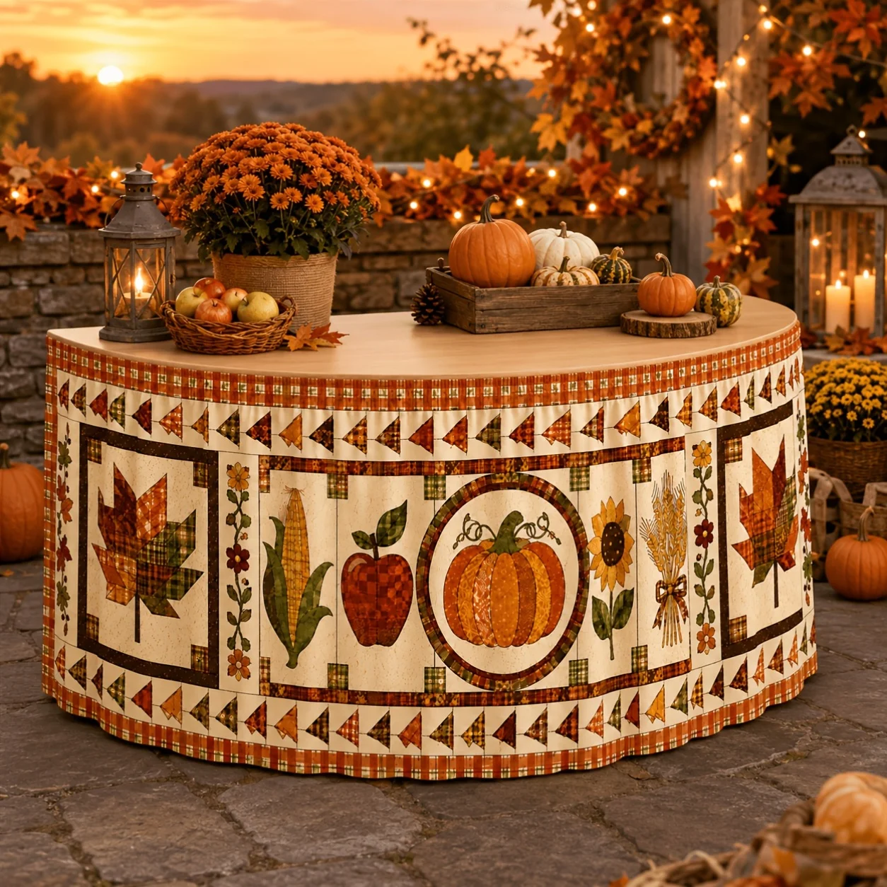 One tablecloth or table skirt. Polyester autumn fleece printed table skirt. Pumpkin leaves, sunflowers.zyc