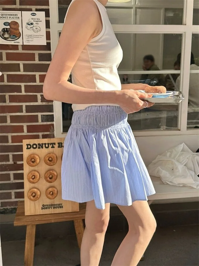 

Blue Pleated Slimming High Waist A-Line Skirt Simple Fre Vertical Stripes Elastic Waist f-length Skirt for Young Women