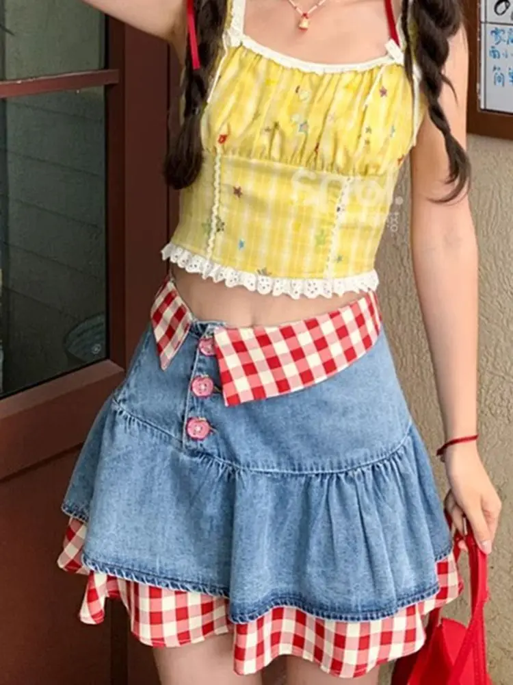 

Plaid Splicing Skirt Women's Summer A-word Short Denim Skirt