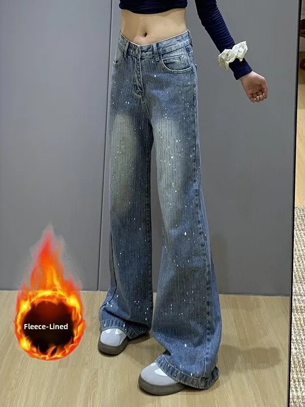 Thiened Fce cintura baixa pesada Du jeans feminino brilhante diamante embelezado solto ajuste quente outono inverno calças jeans