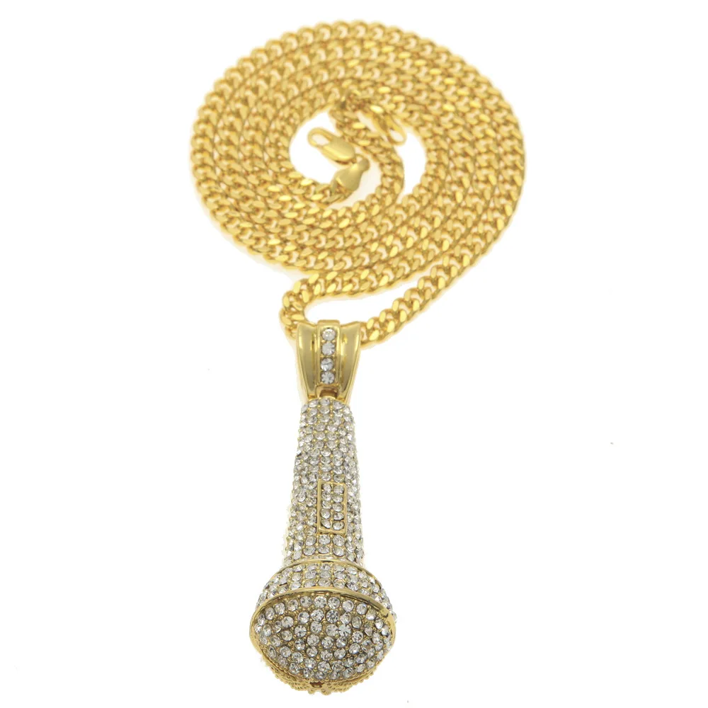 Hip Hop Bling Ice Out Full Rhinestones Microphone Pendants Necklace for Men Jewelry with 5mm 28