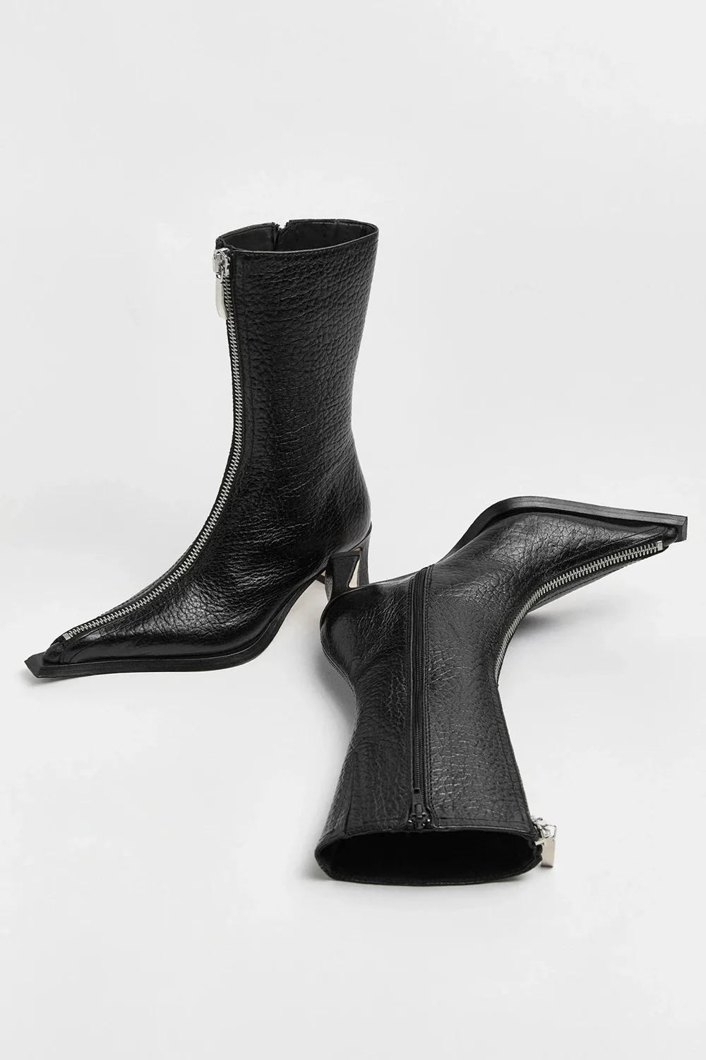 Women Black Leather Mid Calf Boots Front Full Zipper Pointed Toe Ankle Boots Unique Block Heel Modern Fashion Boots for Daily