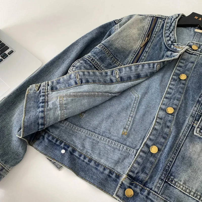 Casaco feminino denim casacos em torno do pescoço y2k streetwear jaquetas curtas trabalho casual solto elegante splice jaqueta 2025 outono inverno