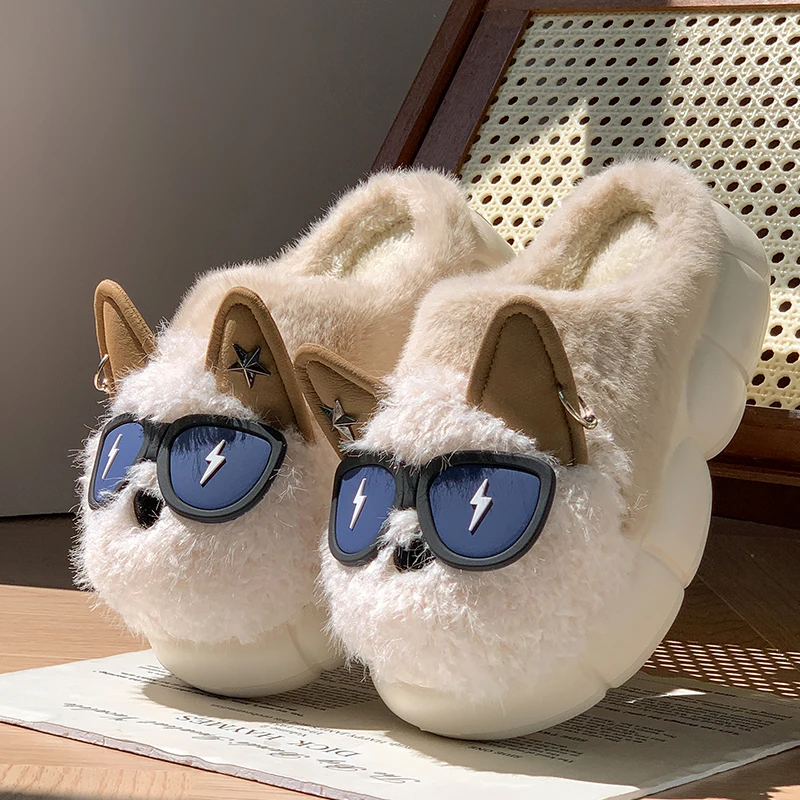 لطيف الكرتون الكلاب فروي النعال النساء أزياء مزيج اللون منصة نعال قماش للمرأة داخلي باطن لينة القطن الشريحة سيدة #4