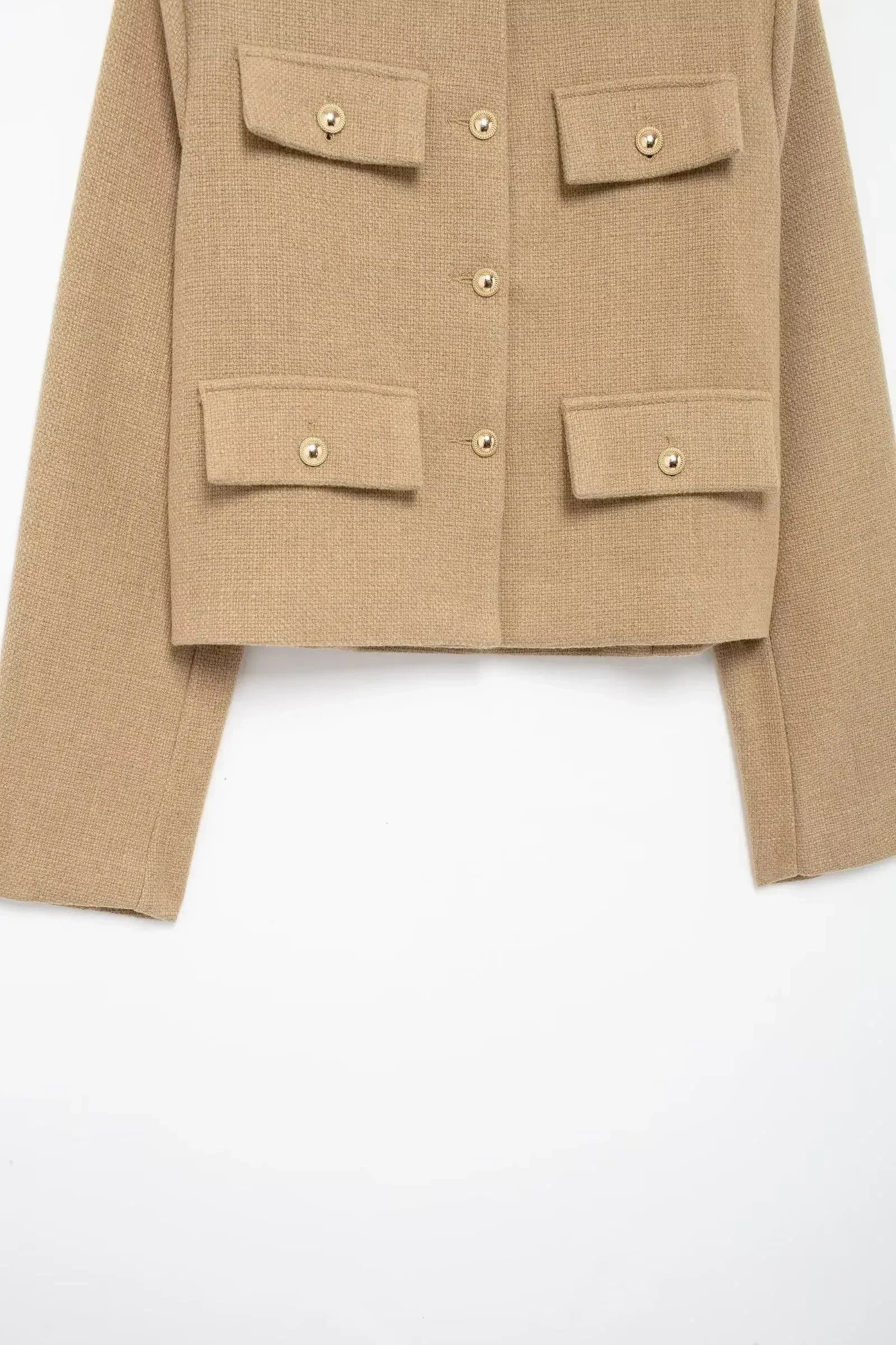 معطف كلاسيكي بأكمام طويلة ورقبة دائرية للنساء ، توب أنيق بأزرار لأعلى ، ديكور رفرف ، نحيف وكاجوال ، قصير ، موضة جديدة ،