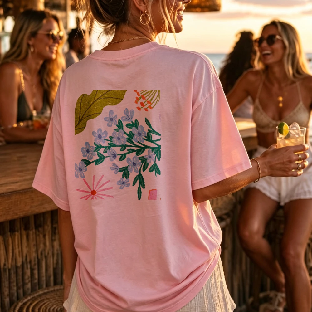 Fashion Floral Short Sleeve Crewneck Relaxed Fit Tunic Top Botanical Abstract Pink Leaf Flower Stem Geometric Shape Blouse Tops