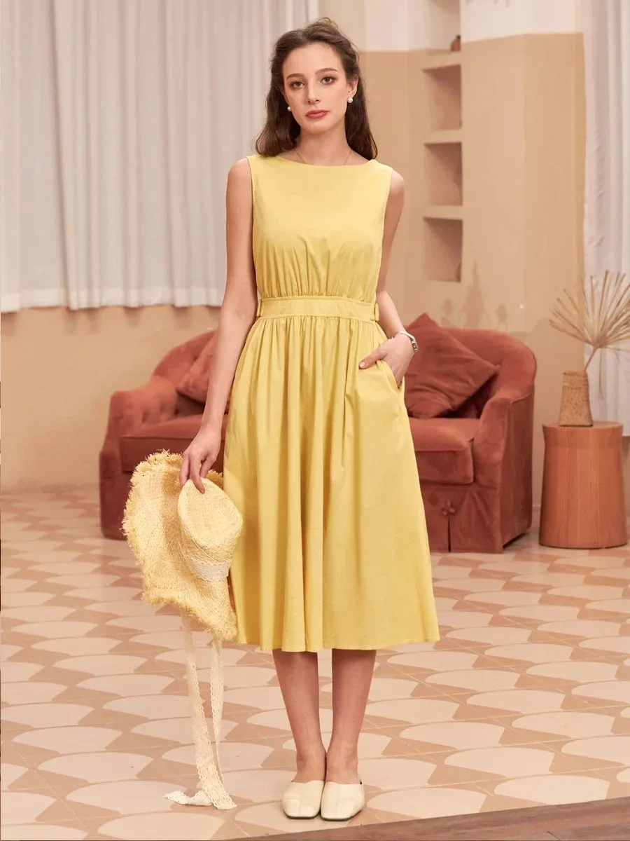 

2025 Spring/Summer New Women's Dress Loose Commuter Round Neck Sleeveless Belt A-line Skirt