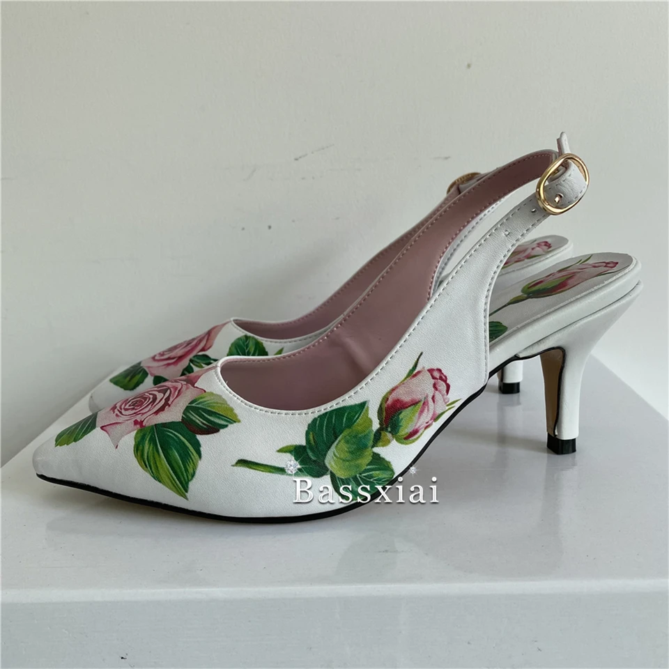 Print Rose Flower Real Leather Dress Shoes Woman 10cm Thin High Heels Point Toe Crystal Rhinestone Buckle Spring Women Pumps