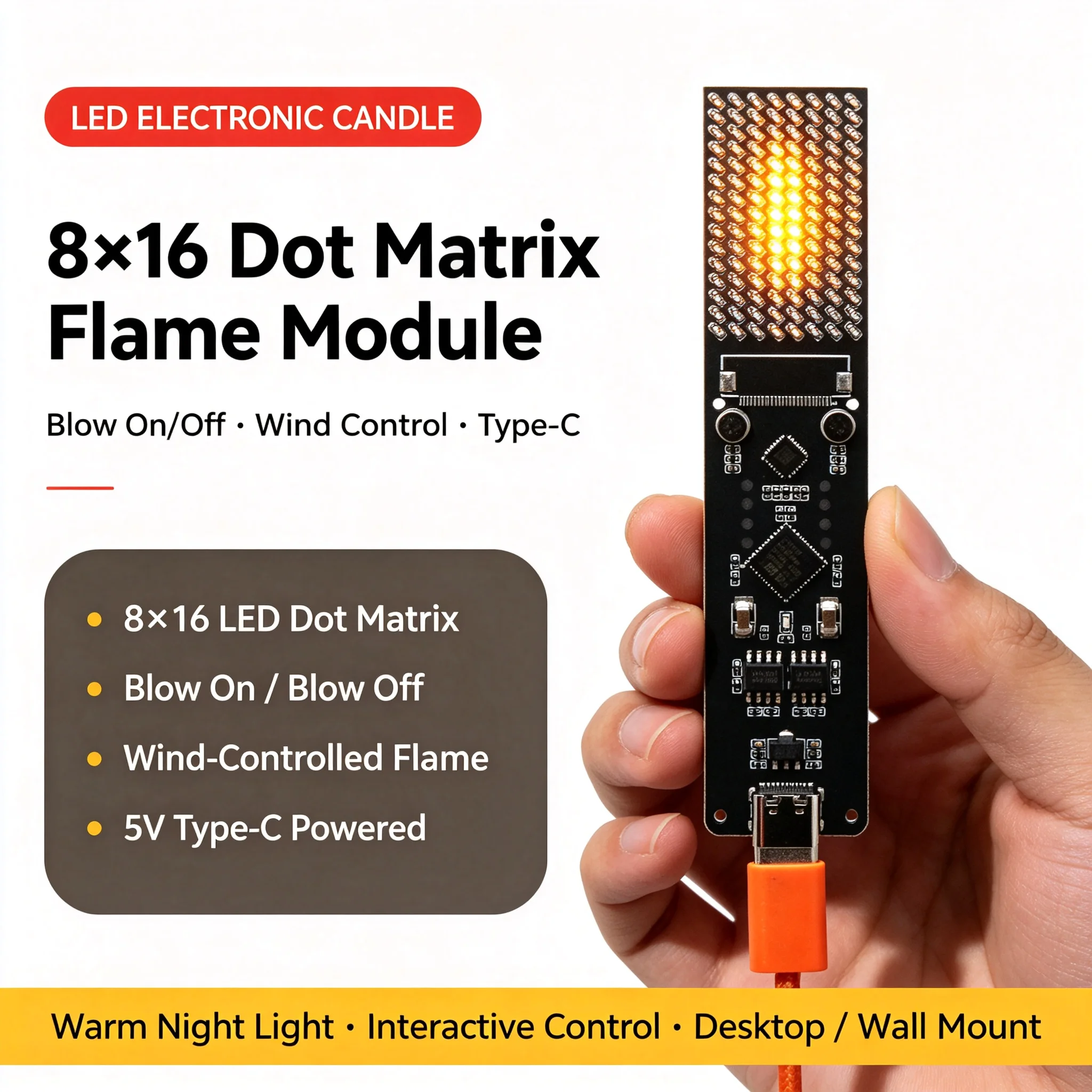 DYKB 8x16 LED Dot Matrix Electronic Candle Blow Wind Controlled Flame Direction Type-C 5V Ambient Night Light Single Sided