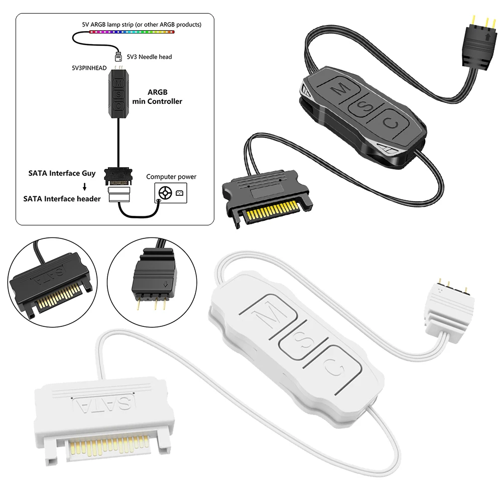 1-3 pièces 5V 3PIN ARGB vers SATA adaptateur contrôleur bouton contrôle RGB contrôleurs de lumière pour ordinateur PC ventilateur CPU refroidisseur bande lumineuse ﻿