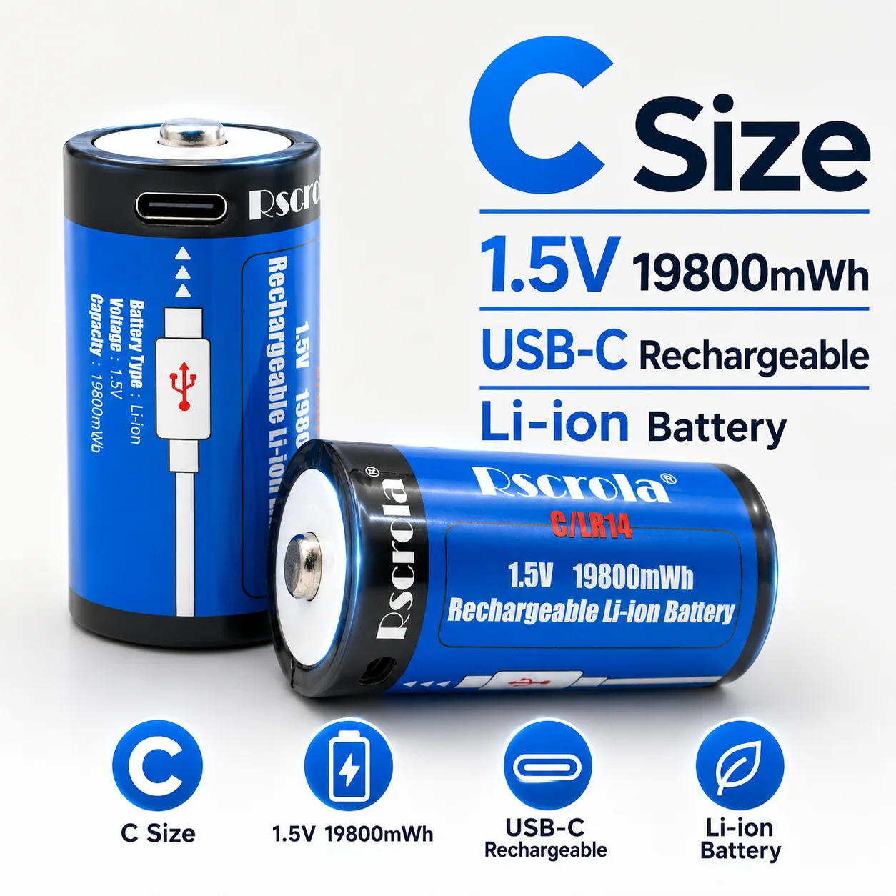 1.5V Rechargeable Battery C Size LR14 19800mWh Li-ion Battery with Type-C Charging Port for Water Heater Gas Stove Flashlight