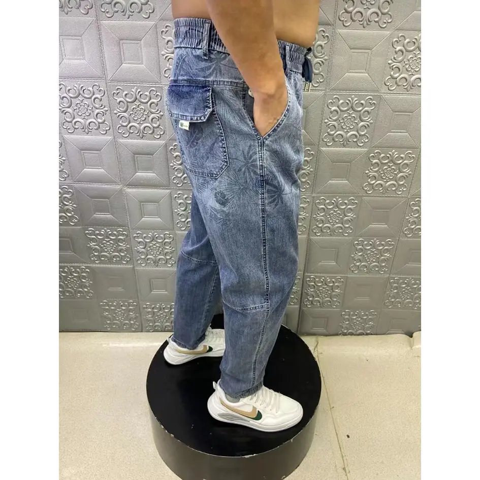 Summer Thin Loose Wide-leg Men Jeans Soft Lyocell Elastic Fashion Casual Straight Drawstring Denim Trousers Black Blue Gray