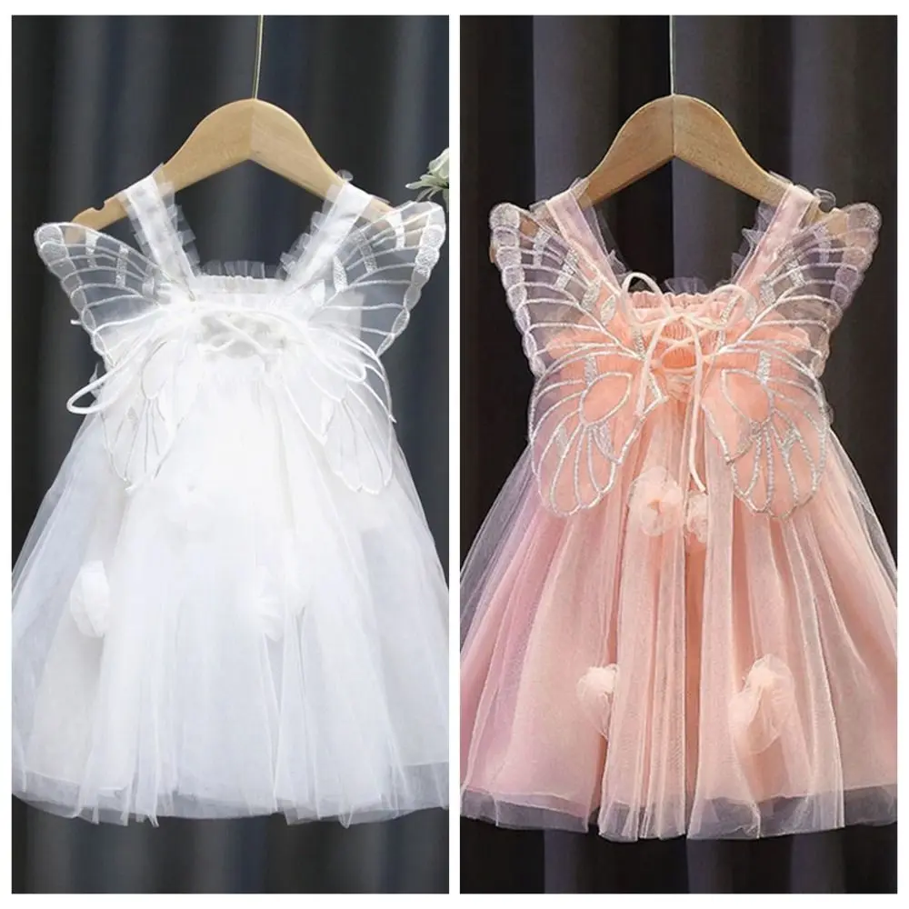 Vestido de princesa com cadarço para meninas, sem mangas, renda, vestido bolha, novo design, casual, asa de borboleta, pettiskirt