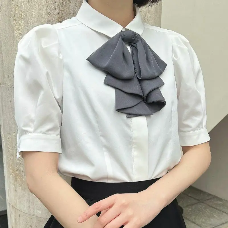 Japanese Elegant Retro Polo Collar Bow Tie Bubble Sleeve Single-breasted Versatile Commuter Solid Color Shirts Tops Women Summer