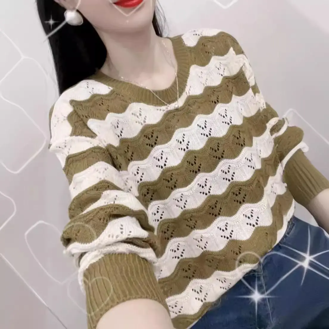 

Повседневный полосатый вязаный свитер с длинными рукавами для женщин больших размеров, с круглым вырезом, весенне-осенний, модный, с вырезами, стройнящий топ