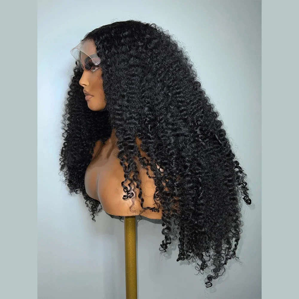 

Long 26 inch Natural Black Kinky Curly Soft 180 Density Preplucked Long Lace Front Wig For Women Synthetic Glueless Baby Hair
