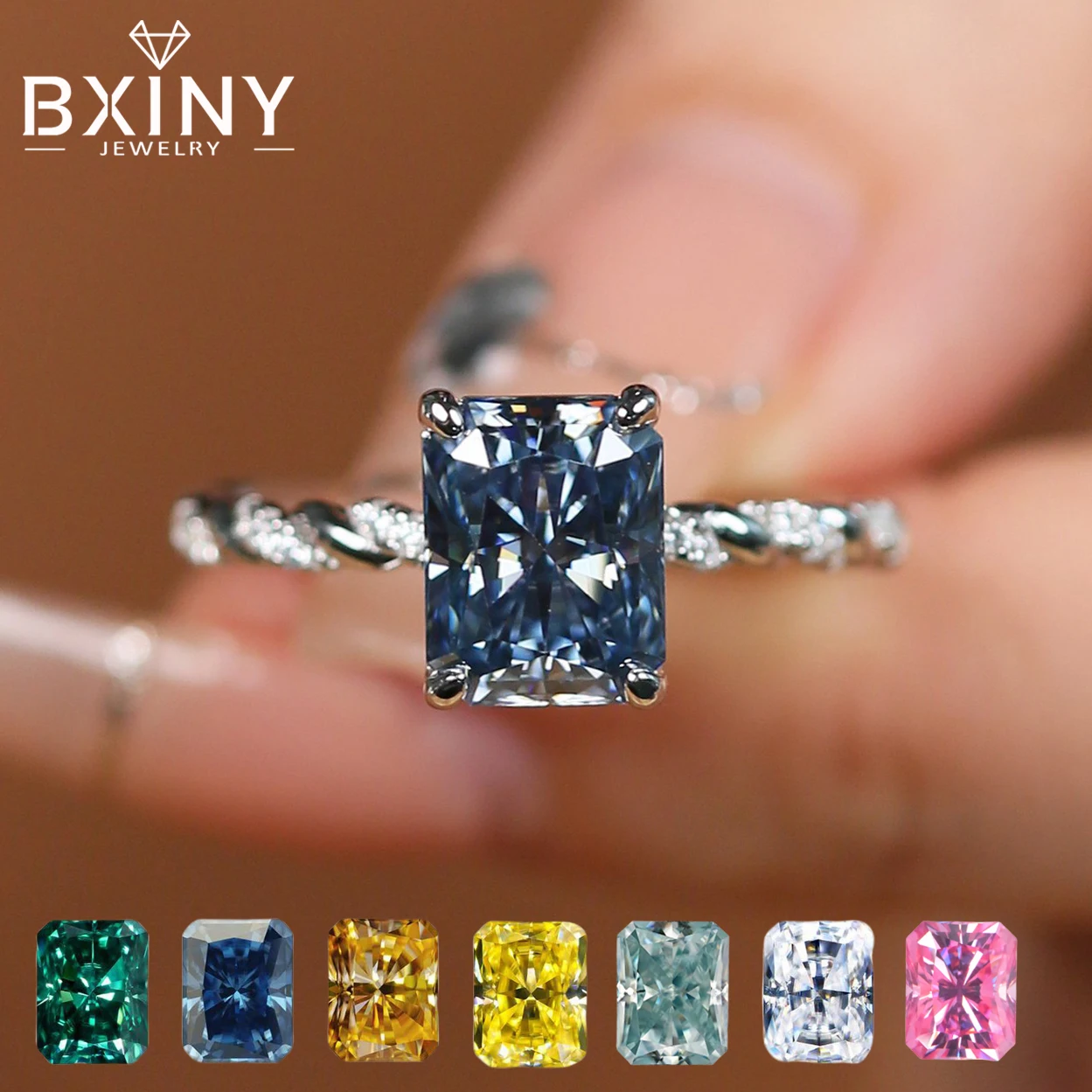 

Кольца BXINY 7*9 мм с муассанитом королевской синей сияющей огранки S925, серебряные лабораторные бриллианты для женщин, обручальное кольцо, ювелирные изделия, сертификат GRA