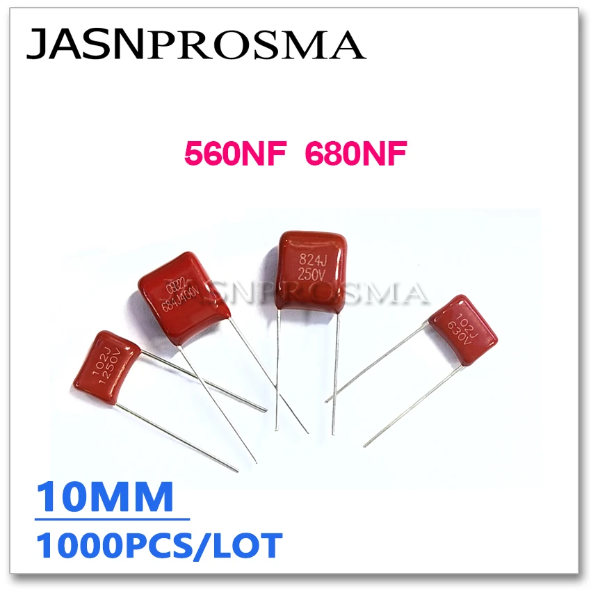 

Конденсатор JASNPROSMA CBB, шаг 10 мм, 250 В, 400 В, 1000 шт. 560NF 680NF 564J 684J, 5% металлизированная пленка, емкость 0,56 мкФ, 0,68 мкФ