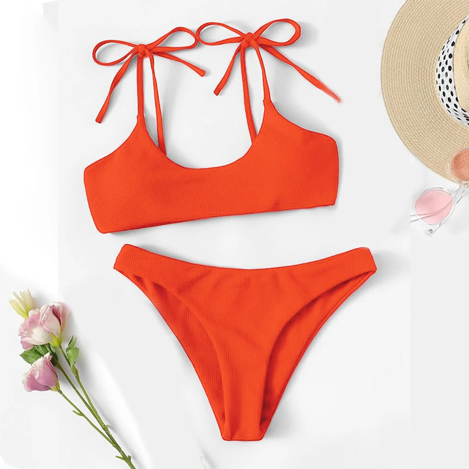 2024 Summer Women\'s Swimsuit Sexy Three Points Strap Halter Bikini Two Piece Swimsuit Fashion Solid Colour High Waist Swimwear