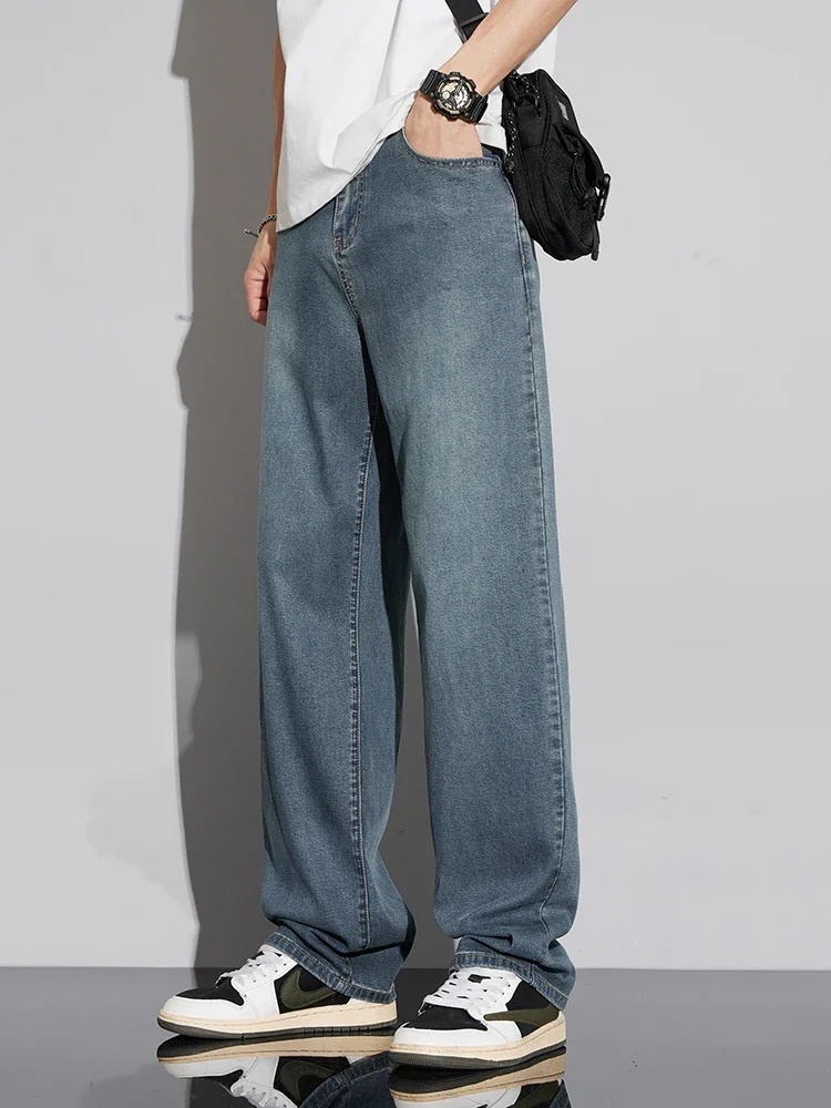 Nieuwe zomer ultradunne Lyocell herenjeans zacht draperen losse comfortabele wijde pijpen ijszijde broek retro elastische casual broek