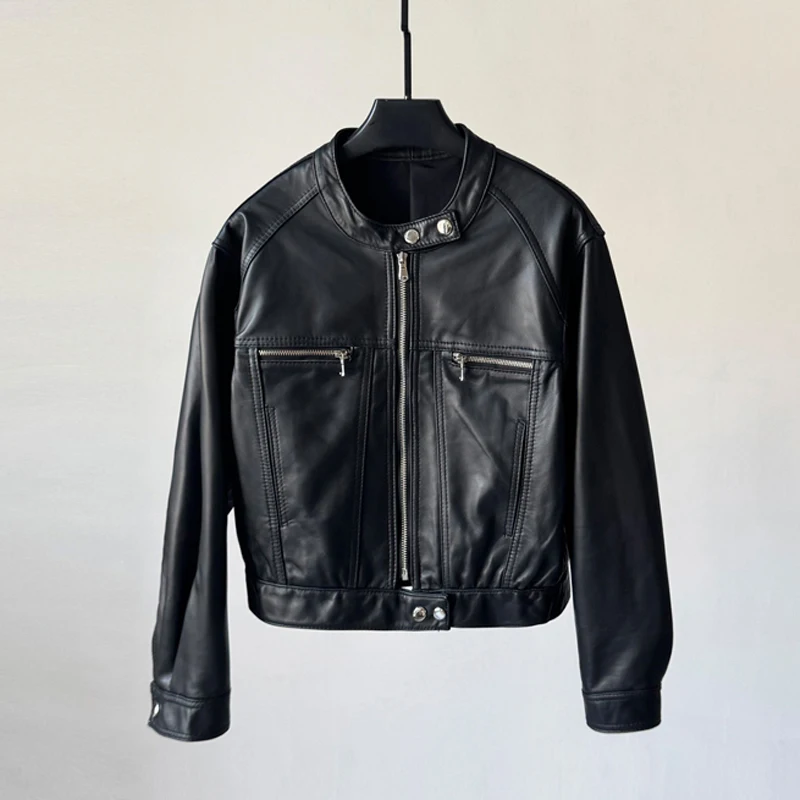 レディースカジュアルショート丈本革ジャケット 2025年秋ファッション スタンドカラー ジッパー付き シープスキン ライダースジャケット コート