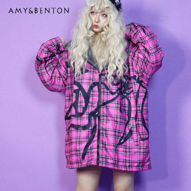 

Autumn Winter New Subculture Cotton Women's Jackets Vintage Design Loose Hooded Fleece Cotton Printed Sweatshirt Coats Ladies