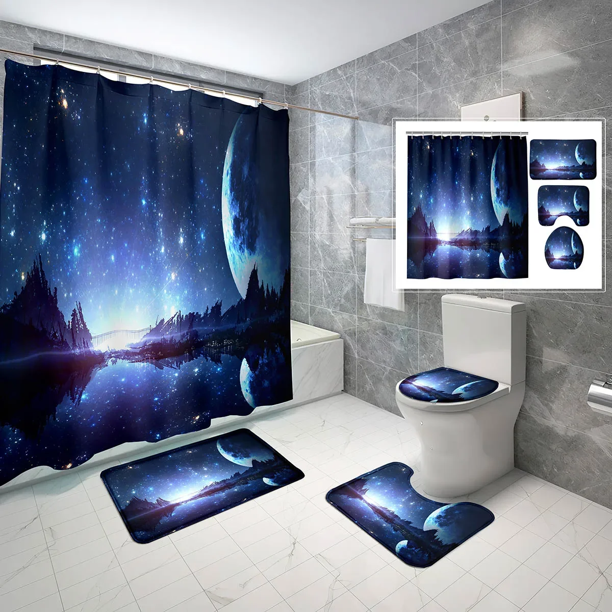 4 Pcs Moon Shower Curtain Set Sky Super Full Moon Shower Curtain Bathroom Non-Slip Bath Mat Toilet Cover Shower Curtain Set