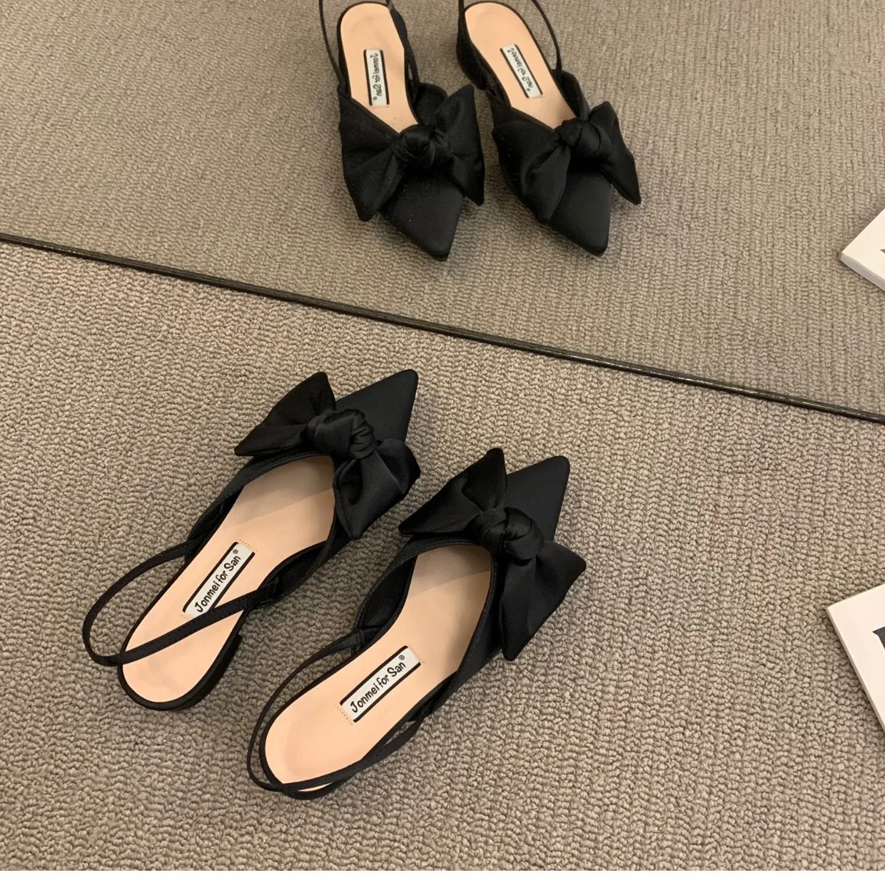 Sandals Elastic Band 2024 Women\'s Female Shoe Clear Heels Slip-on New Girls Closed Pointed Summer Spring  Fashion Retro Low Beig