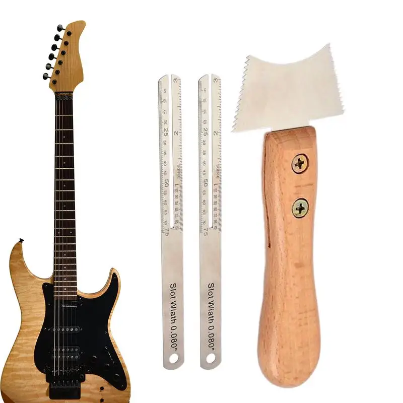 

Guitar Ruler Stainless Steel Guitar Tools Measuring Lightweight Portable Fret Cutter Slot Scraper With Wooden Handle For