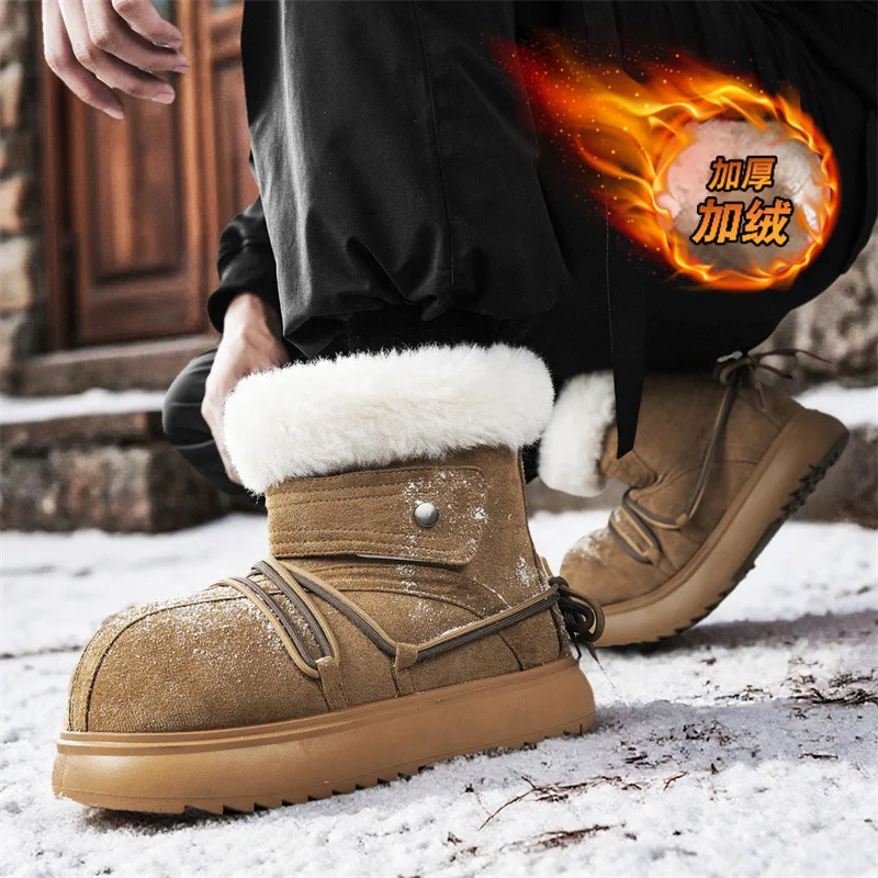 Man Snow Boots Concise Style Plush Chunky Winter Woman Short Boot Solid Color Slip-on Unisex Outdoor Round Head Cotton Shoes