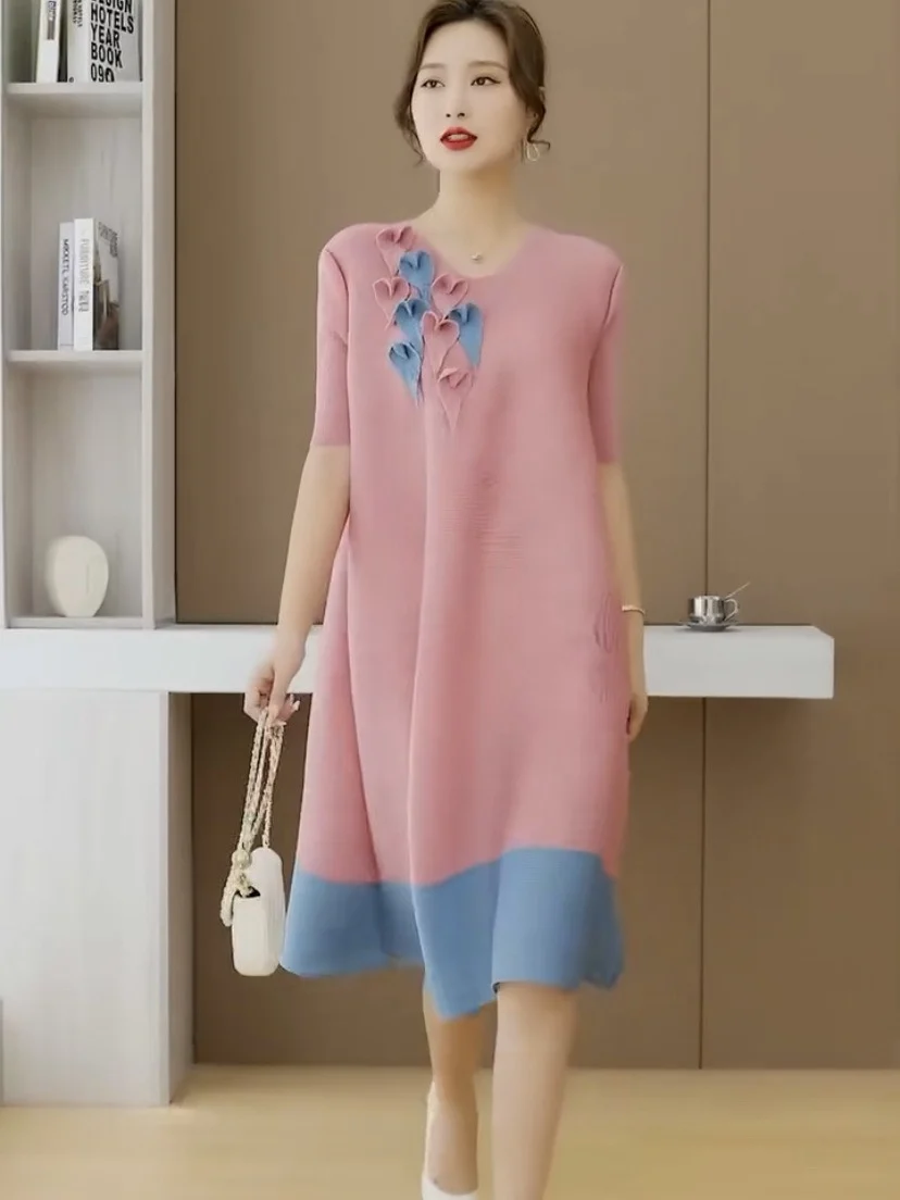 ฤดูร้อนใหม่พับสีบลอปักหลวมแลดูผอมแฟชั่นมิดิ Dr A-Line กระโปรงรอบนีออร์ต Sve Polyeste...