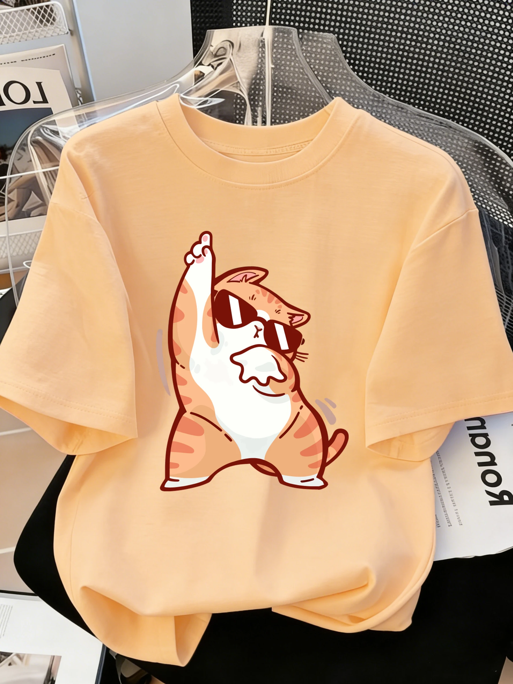 Camisetas con diseño de gato que brilla intensamente para hombre, ropa transpirable de Hip Hop, camiseta de algodón que combina con todo, ropa informal holgada de verano