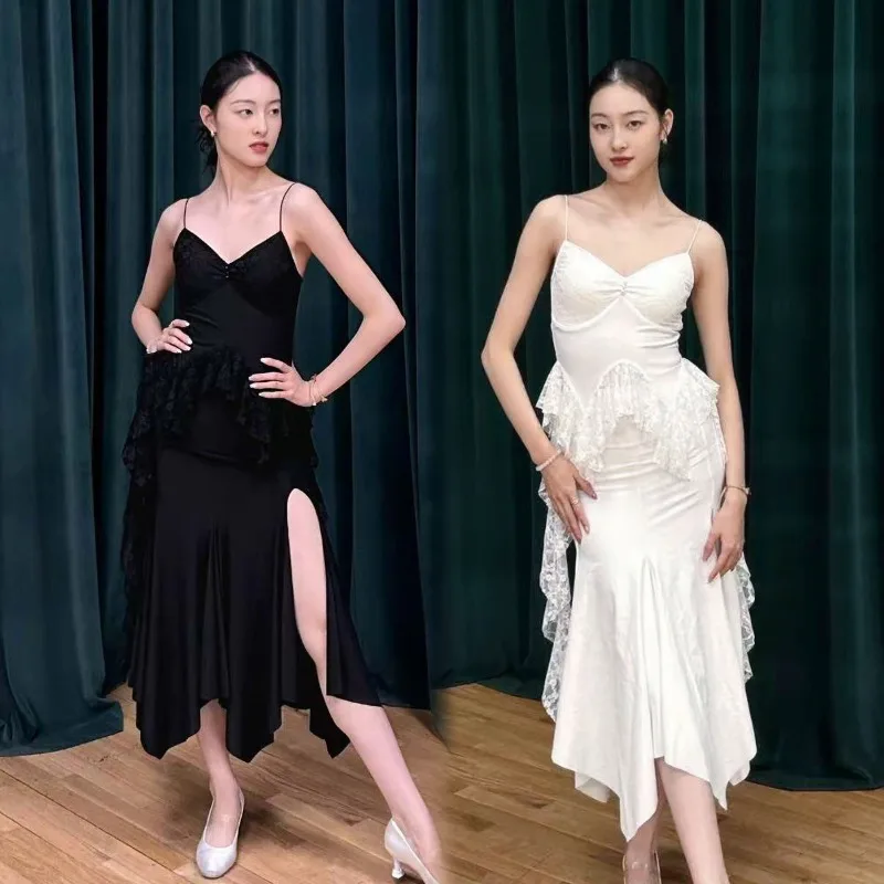 Robe de danse moderne personnalisée, tenue d'entraînement, ensemble de Performance, dentelle noire et blanche, gaze flottante, haut à bretelles, demi-jupe fendue