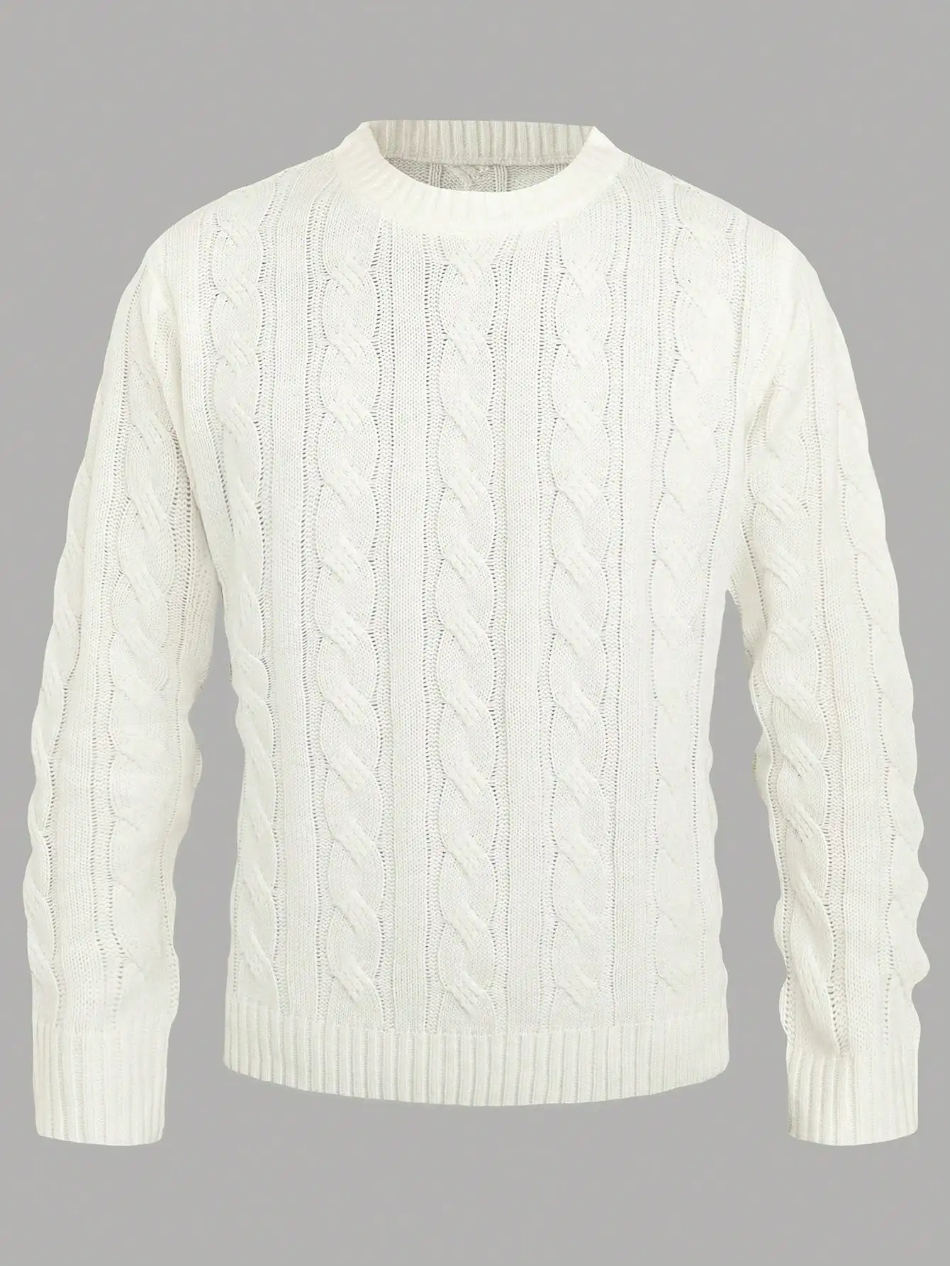 White Cable Knit Crew Neck Sweater for Men, Casual Winter Layering Top